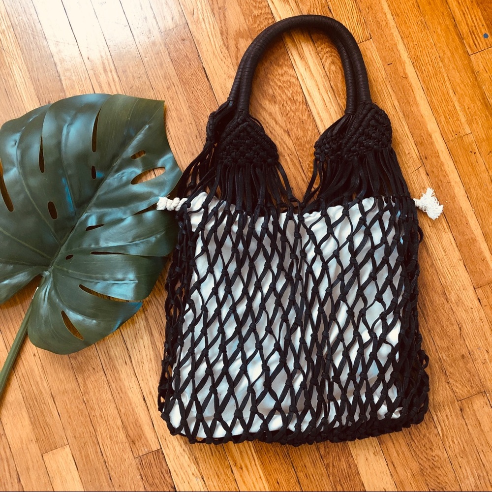 Mango Black Crochet Bag With Lining Bag